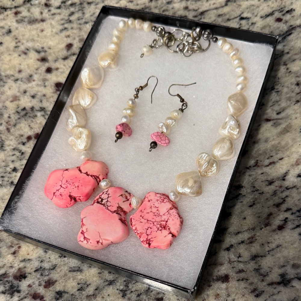 African Turquoise & Mother of Pearl Necklace and Earring Set